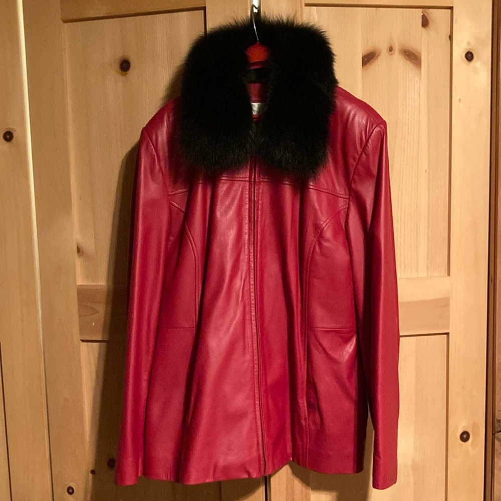 Worthington Red Leather Jacket with Fox Fur Removable Collar